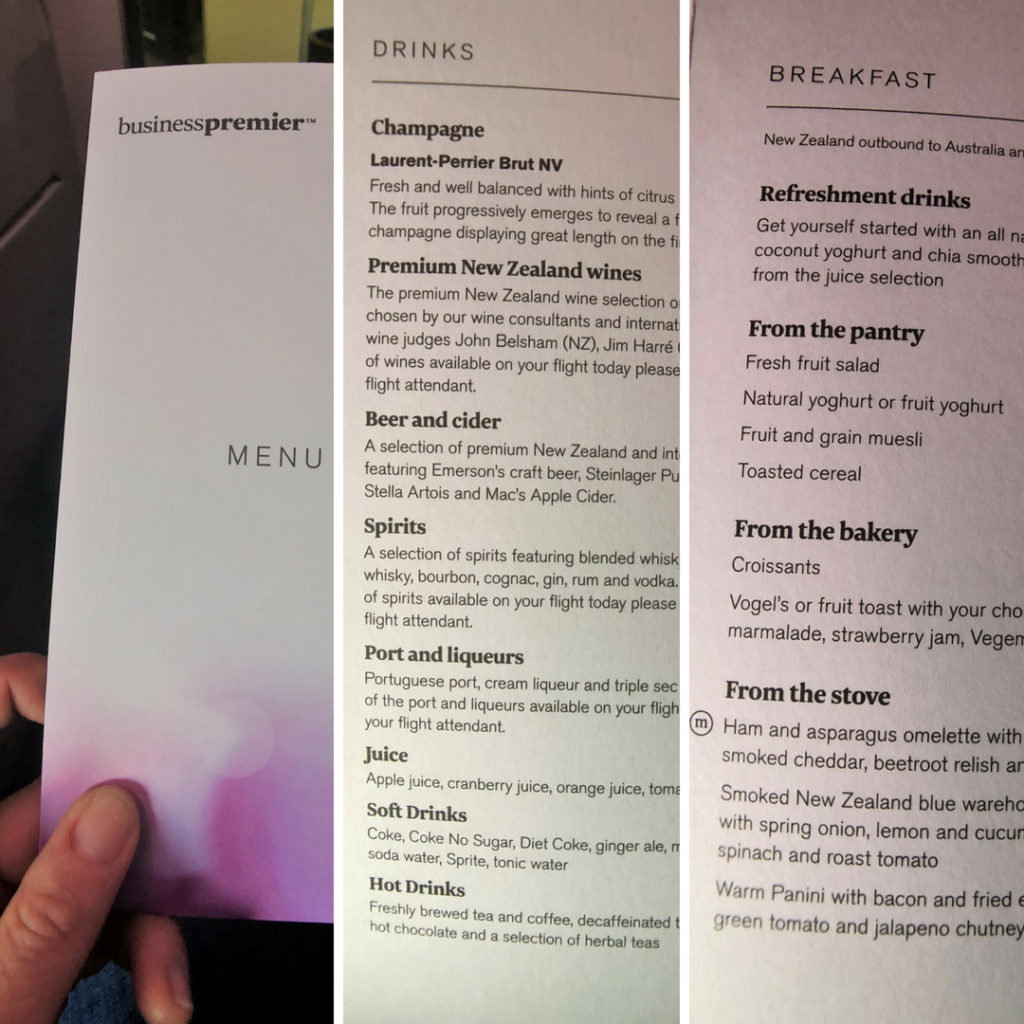 air new zealand business class menu