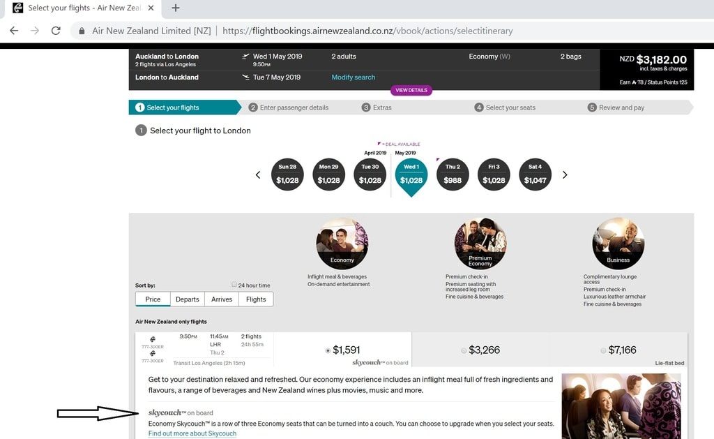air new zealand skycouch booking screen 1