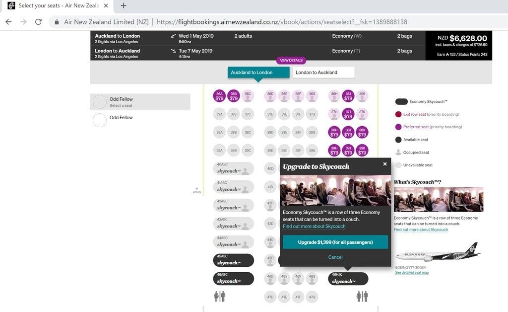 air new zealand skycouch booking screen 3