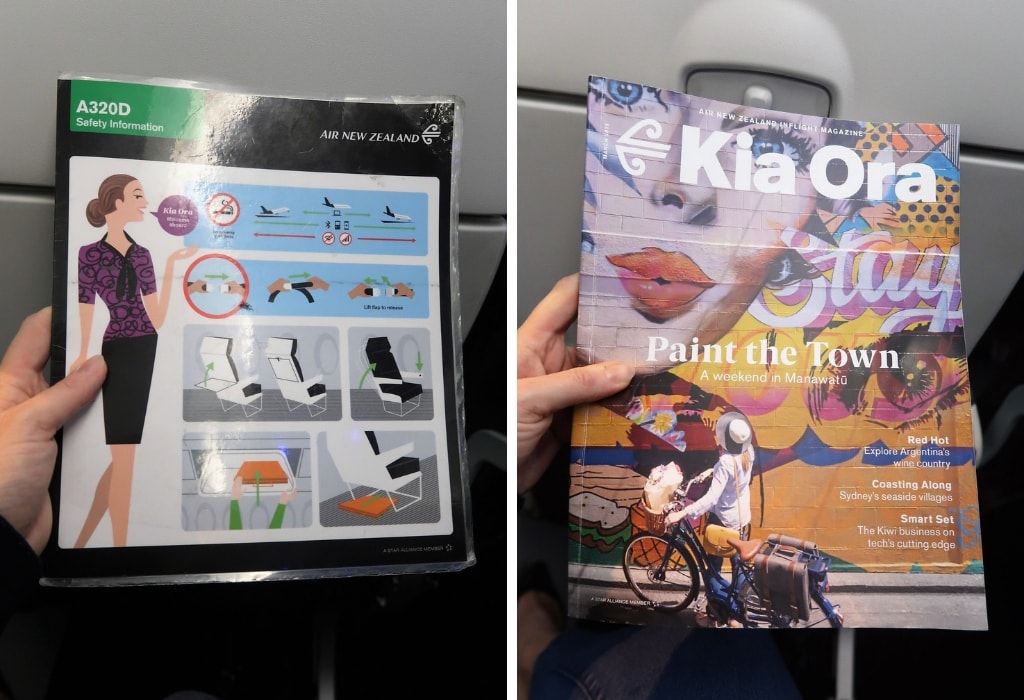 air new zealand economy class review safety card and kia ora inflight magazine